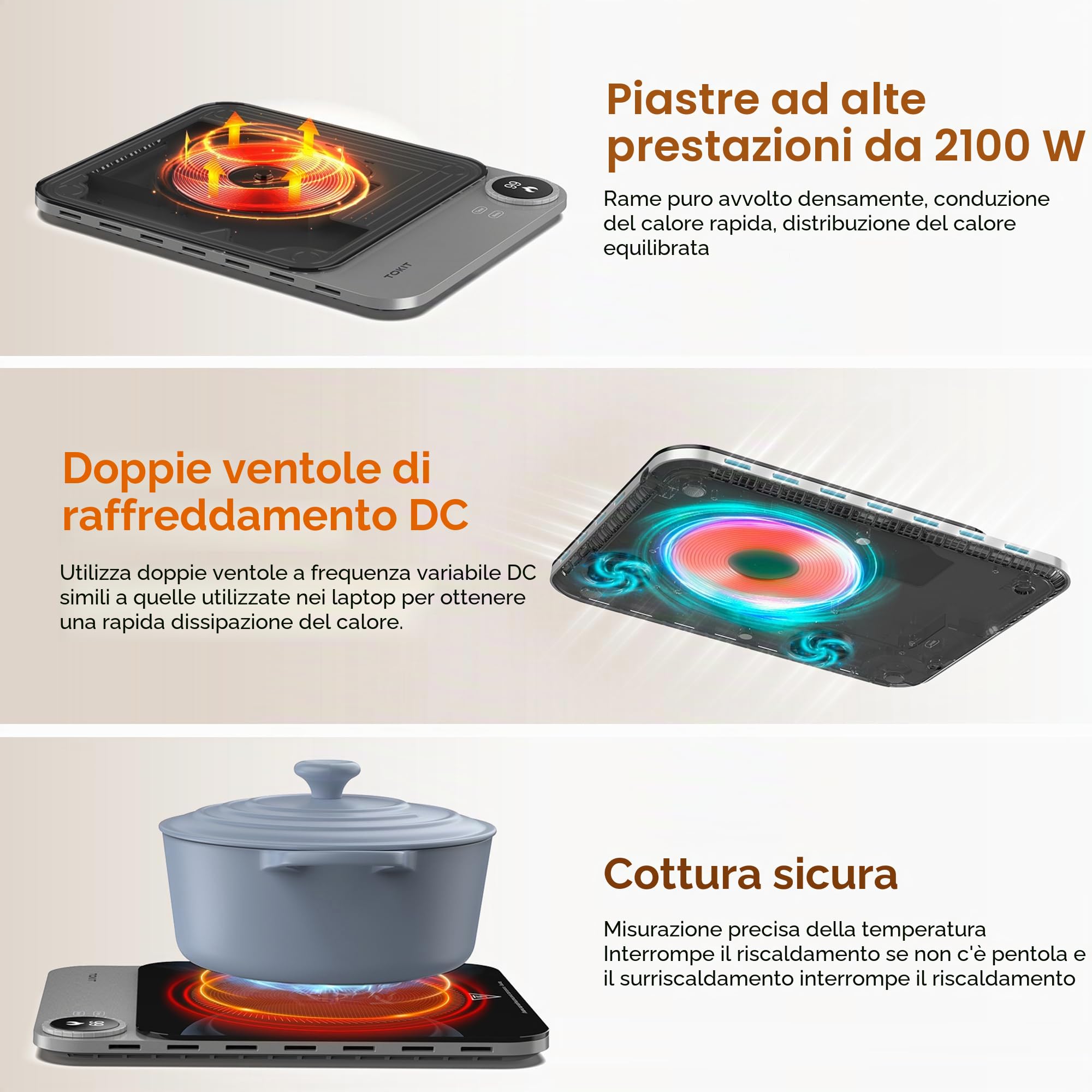 TOKIT Piastra Di Cottura A Induzione, Fuoco A 99 Livelli, Manopola+Controllo A Sfioramento,2100 W, Con Display Oled, Timer, Sensore Di Temperatura Ultra Sottile Da 20 Mm Controllo Tramite App