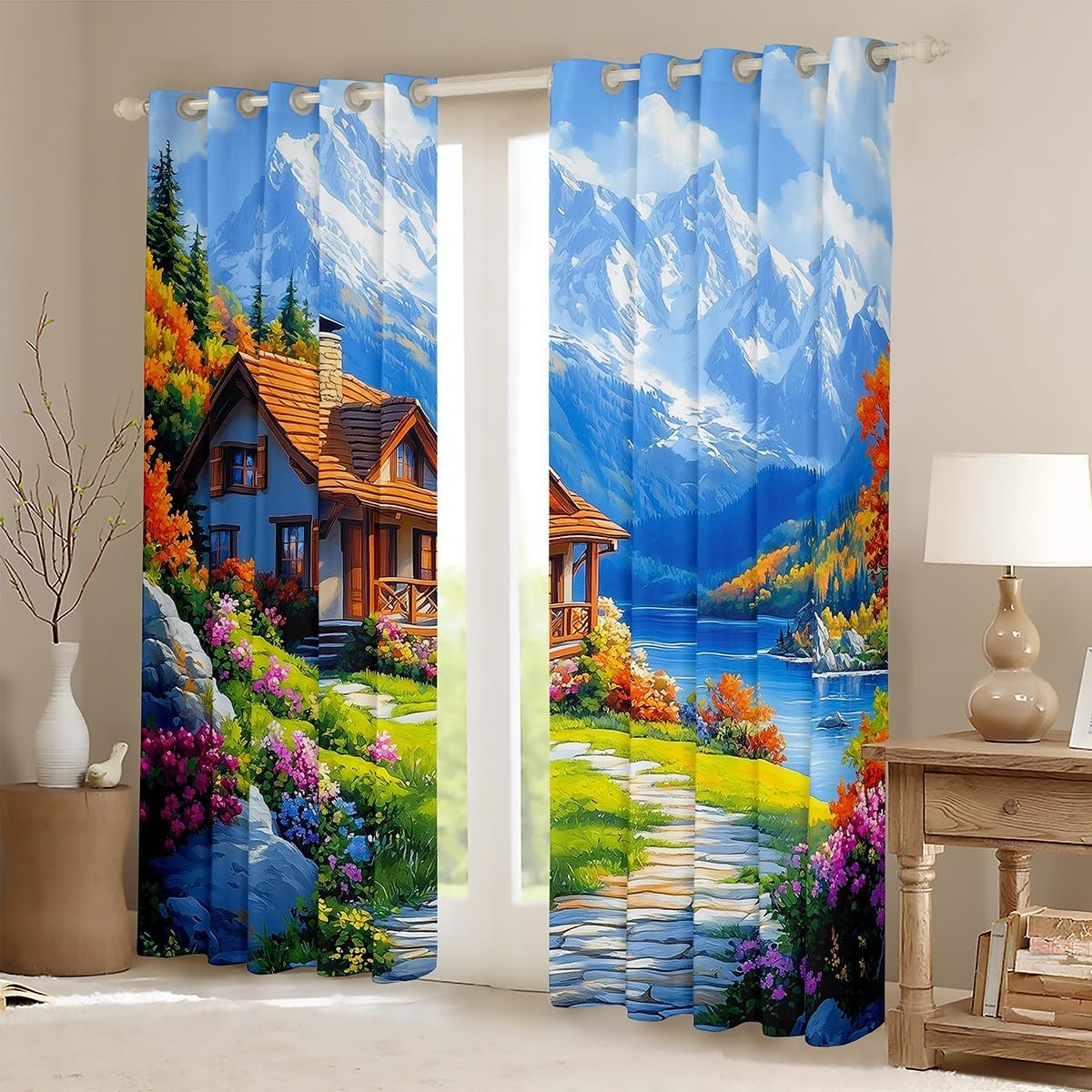 Feelyou Beautiful Scene Curtains for Bedroom Living Room (2 Panels, 38 x 45 Inch) Natural Theme Blackout Curtain Botanical Floral Printed Darkening Drapes Ice Mountain Window Treatments Azure