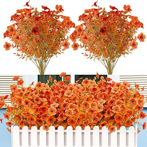 Miniatura 8 de Paquete de 12 flores artificiales de otoño naranja, para interiores y exteriores, tallos florales de seda sintética para el hogar, jardín, porche,