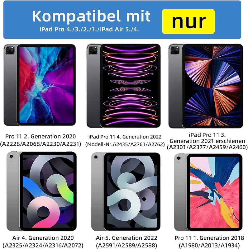 HOU iPad Air 5 2022 Billentyűzet Tok, Pro 11 Hüvelyk Mágneses Töltő, Ultra Vékony QWERTZ Kék Folio Védőtok