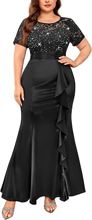 Miusol Womens Plus Size Lace Contrasted Satin Ruffled Trim Mermaid Hem Sequin Maxi Evening Dress
