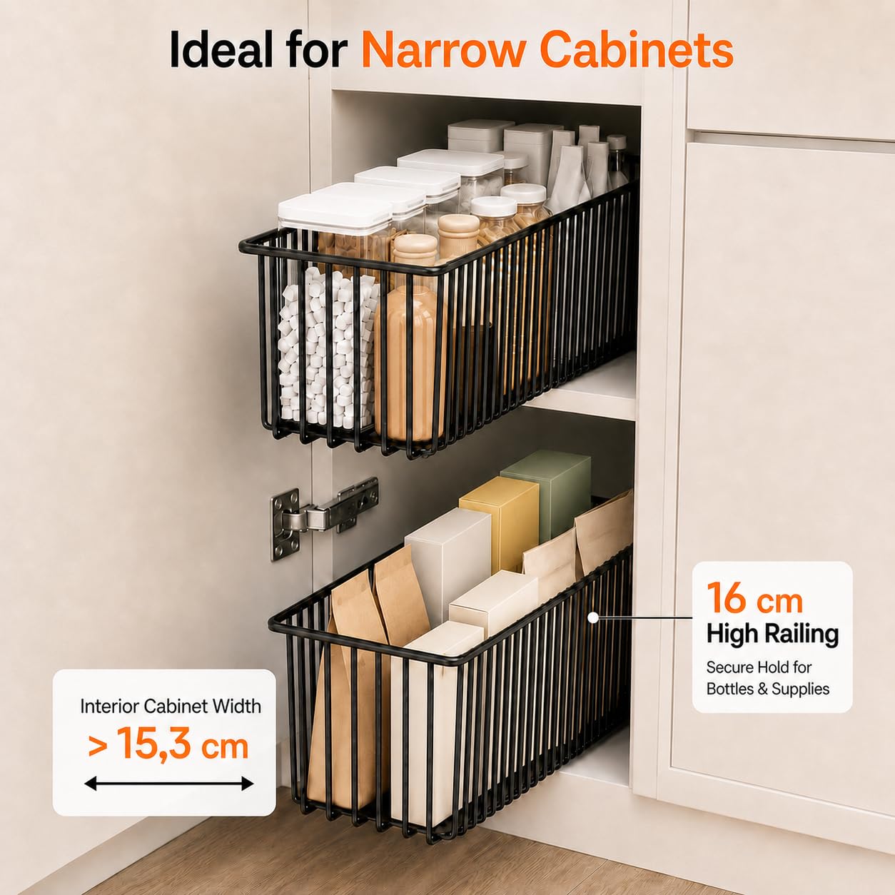 Lot de 2 Tiroir Coulissant Cuisine Adhesif Étroit 15,3cm, Organisateur Tiroir Sans Perçage, Rangement Placard Coulissant, Panier pour Armoire sans Cadre, Noir, Profondeur 41cm