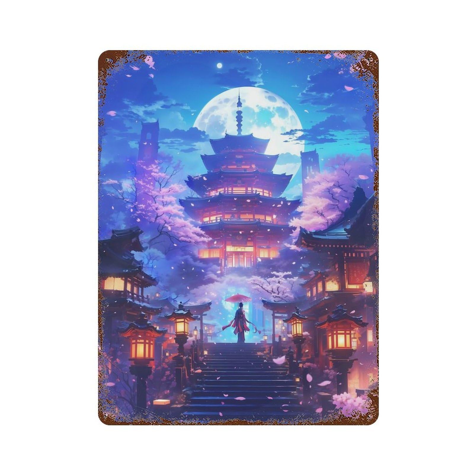Celestial Sakura Temple 15.7"x11.8" Vintage Rust Metal Sign, Classic Wall Plaque for Pub, Kitchen And Man Cave Decor