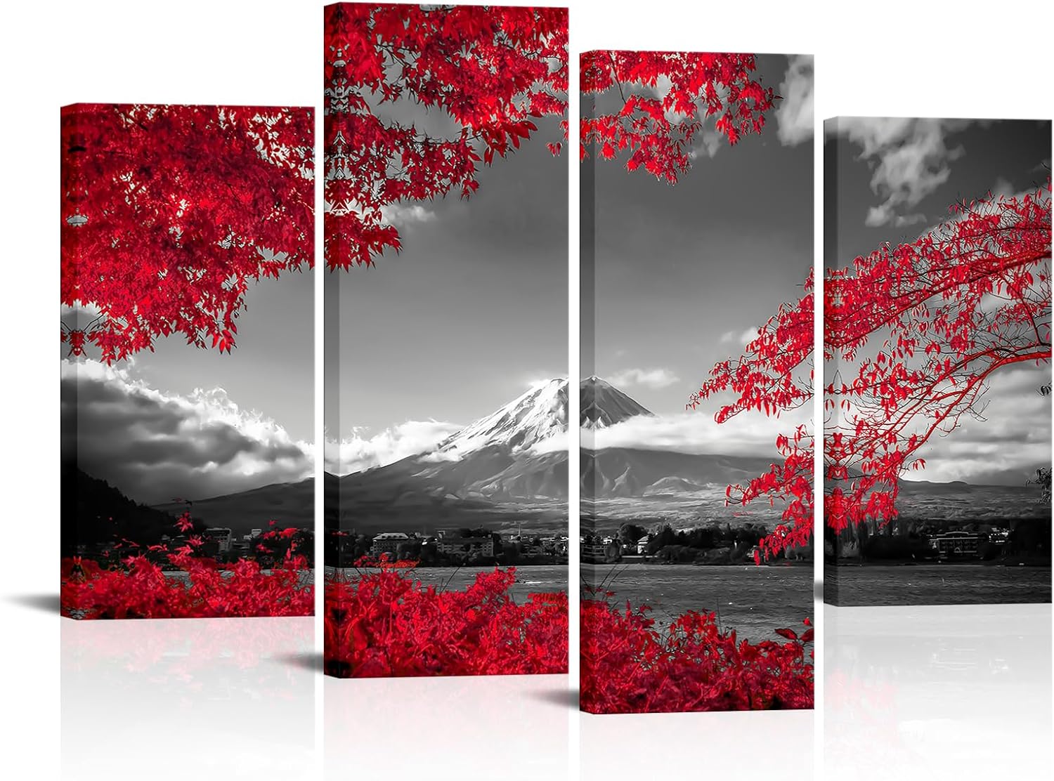 Fochorlo Large 4 Pieces Japan Fuji Mountain Canvas Wall Art Maple Leaves Picture Prints Black and White Red Painting Modern Decor for Bedroom Living Room Office (Red)