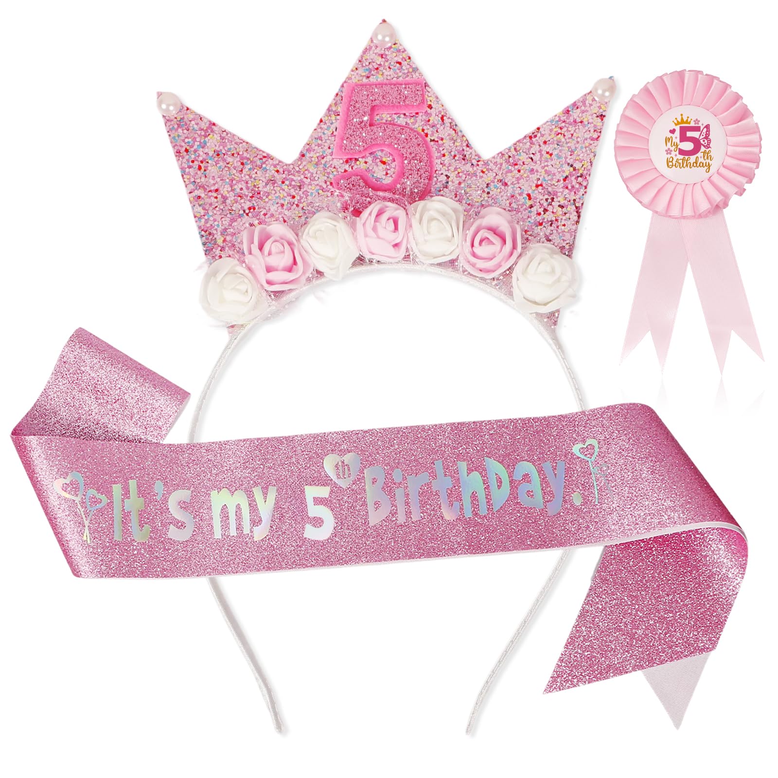 Bliceon 5th Birthday Girl Headband Sash and Girl Badge with Pin, 3 Piece Pink Glitter Princess Party Decorations for Girls, Party Supplies, Daughter, Granddaughter, Niece, 5th Birthday Gifts