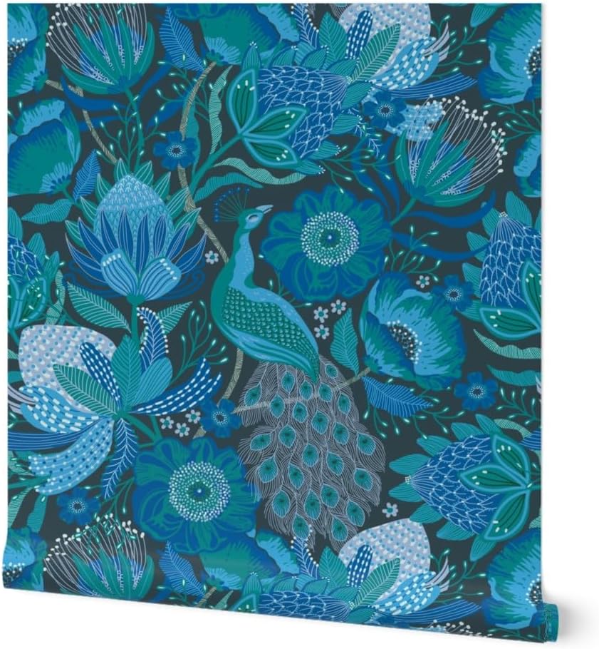 Removable Wallpaper 3ft x 2ft - Blue Night Flowers Birds Floral Blues Peacock Hawaii Botanical Jungle Nature Custom Pre-Pasted Wallpaper by Spoonflower
