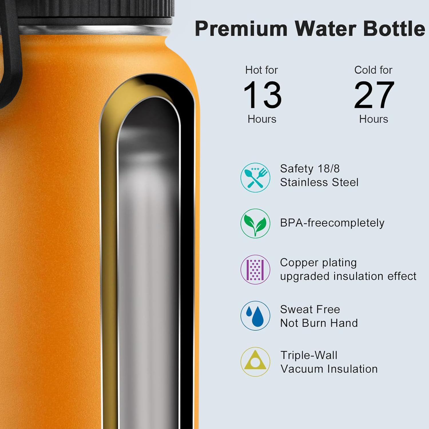 koodee 32 oz Water Bottle Stainless Steel Vacuum Insulated Sports Water Bottle with 3 Lids-Reusable Metal Travel Wide Mouth Water Bottle -BPA Free(Mango Yellow)