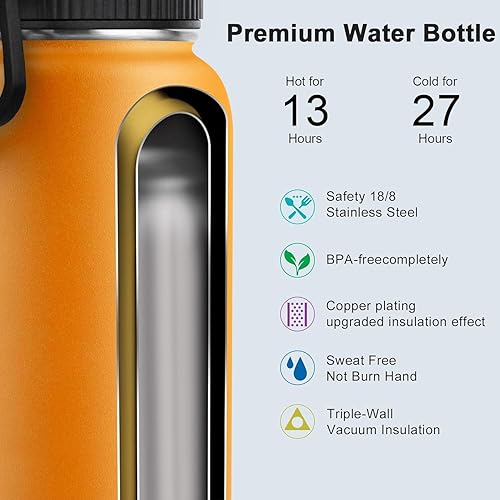 Miniatura 3 de koodee Botella de agua con pajita, acero inoxidable de 32 onzas, con aislamiento al vacío, botella de agua deportiva de metal sin BPA (amarillo