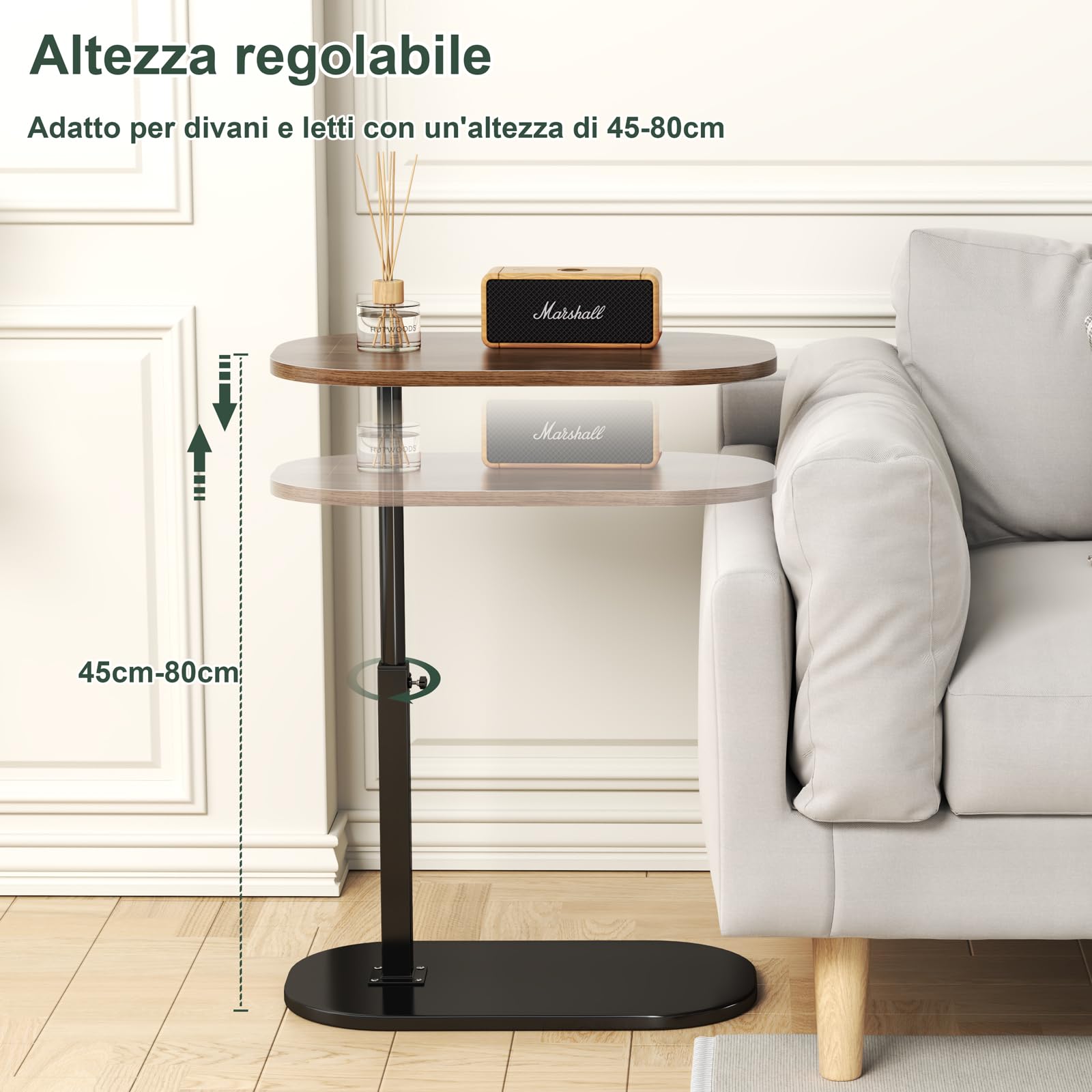 Tavolino Laterale A Forma Di C Con Ruote – Altezza Regolabile 45-80 Cm, Piano 40x30 Cm, Rotazione 360°, Stile Noce