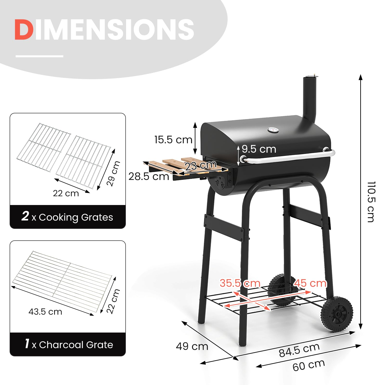 KOMFOTTEU Barbacoa de Carbón Portátil con 2 Ruedas y Mesa Lateral Plegable | Carro para Barbacoa con Termómetro y Estante, para Picnic, Fiesta, Jardín