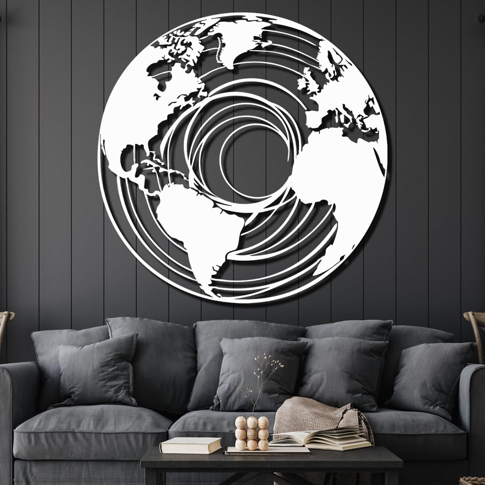 Schwarze Weltkarte aus Metall, Wanddeko mit Kontinenten aus Metall, Moderne Skulptur als Kartenmotiv für Wohnzimmer, Schlafzimmer, Flur und mehr (Schwarz, 30 x 30 cm)