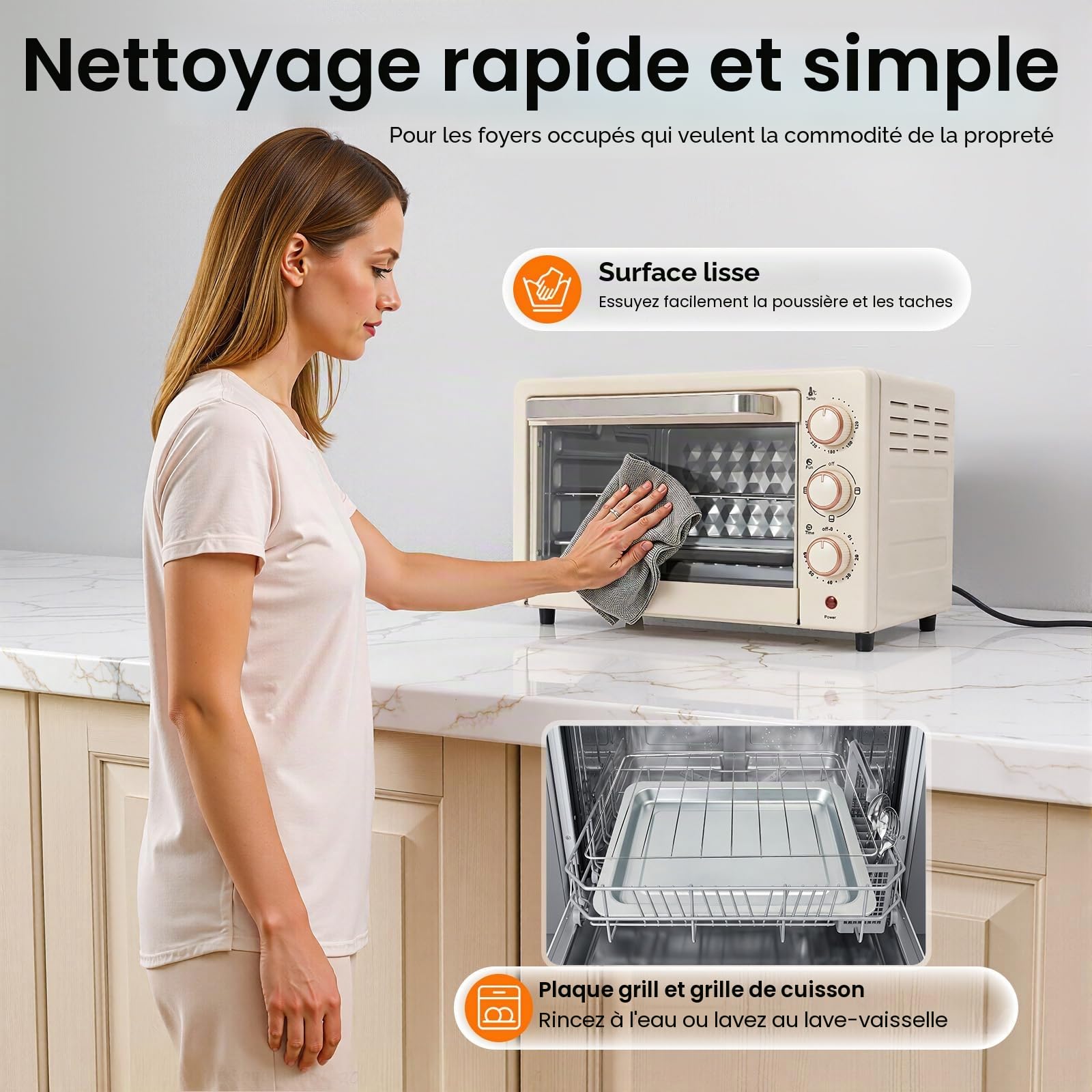 Mini four électrique, 22 l, avec chaleur de voûte et de sole, minuterie de 60 min, température 120-250 °C, petit four, 1000 W, avec poêle et grille, blanc