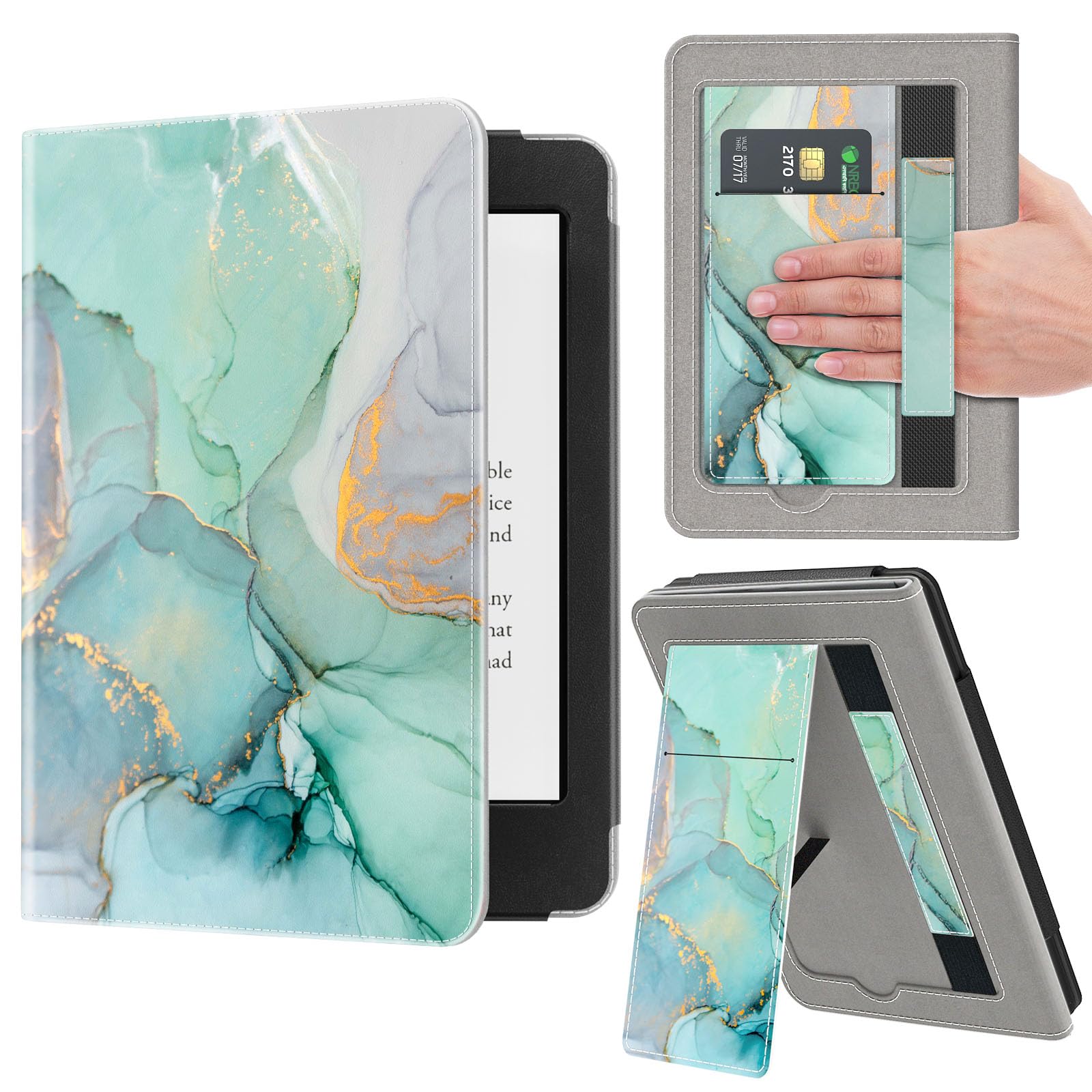 VORI Stand Case for 6" All-New Kindle 11th Generation 2024/2022 Release, Premium PU Leather Protective Sleeve Cover with Hand Strap, Auto Sleep/Wake and Back Cover Adsorption, Emerald Marble