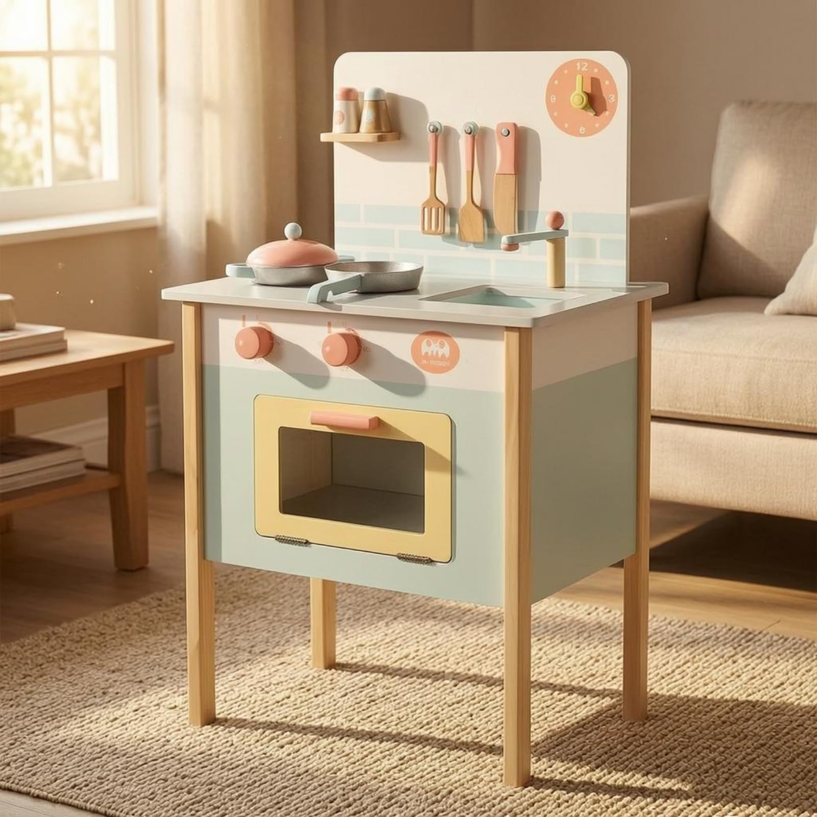 Spielküche Kinderküche Küchenmöbel Spielset Holz Herdplatte Spülbereich Ofentür Bedienknöpfe Regal Rückwand Kochgeschirr Und Besteck für Vorschule Familienbereich , Weiß