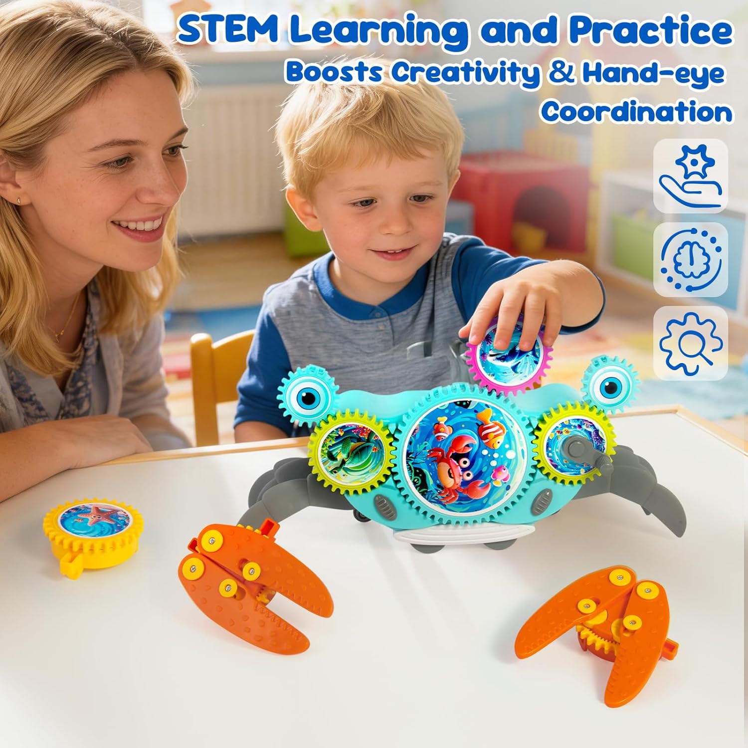 Gear Crawling Crab Toy, Musical Dancing Crab Sensory Toy for Kids 3 4 5 6 Years Old, DIY Spinning Gears Educational Building Block, Gift for Boys Girls Toddlers