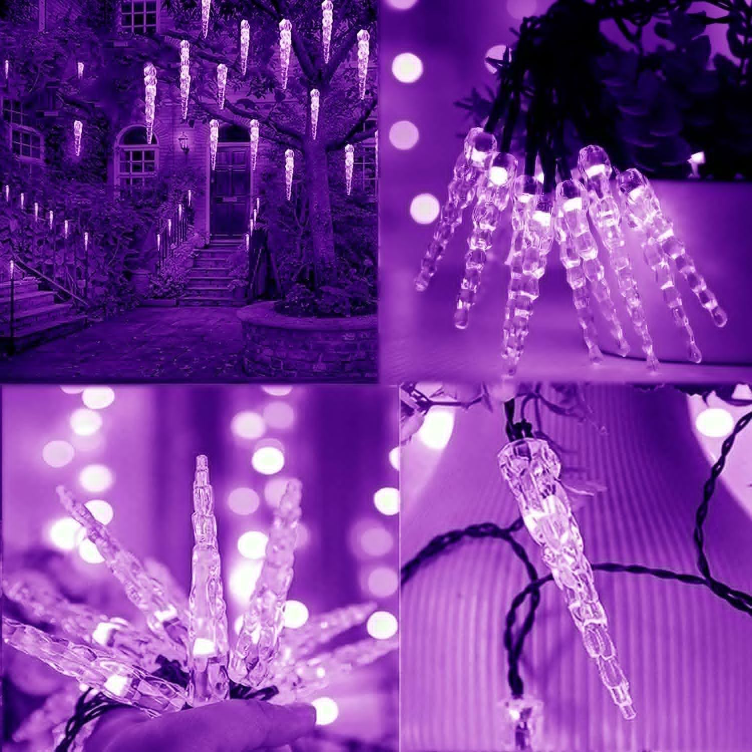 Guirlande lumineuse stalactite LED à piles, 20 m / 200 LED, rideau lumineux féérique en acrylique transparent, pour la décoration de Noël, des fêtes d'hiver (violet)