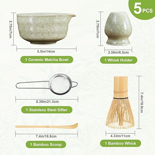 Miniatura 7 de Juego de 5 batidores de matcha, cuenco de matcha con boquilla, batidor de bambú 100% (Chasen), soporte, tamiz inoxidable, cuchara de té, kit de