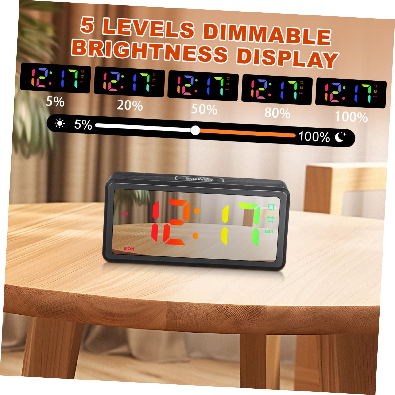 Reloj Despertador Digital LED con Ajuste Manual DST Iluminación RGB Regulable Indicador Claro de Días Semana para Mesilla de Dormitorio y Escritorio
