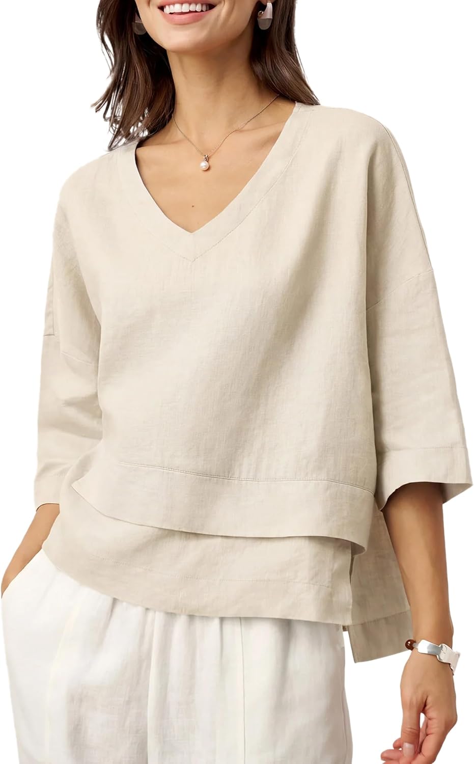Women's 100% Linen Tencel Blend V-Neck Blouse - 3/4 Sleeve Layered Hem Casual Top for Summer