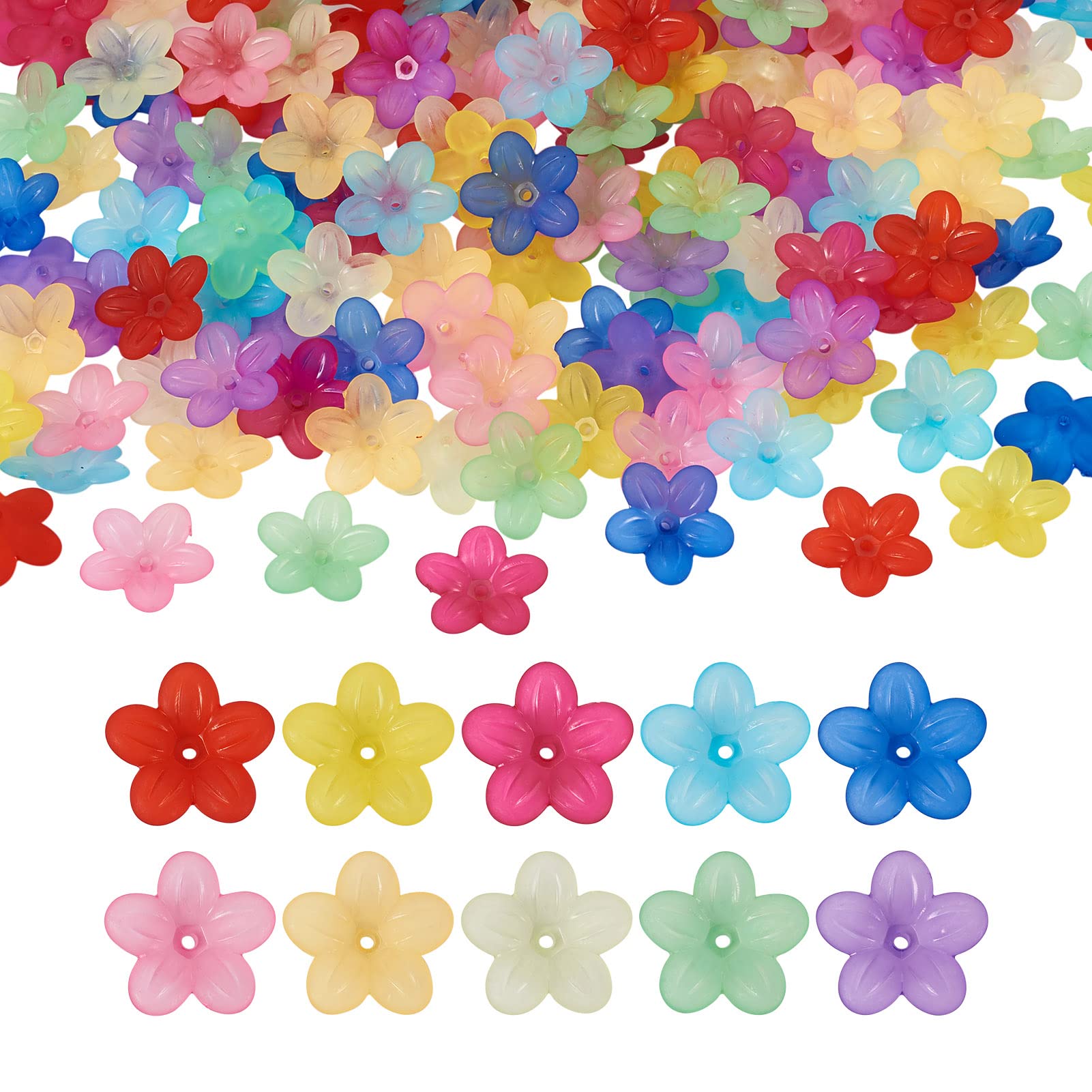 PandaHall 200pcs Acrylic Flower Bead Caps 10 Colors 5-Petal Frosted Floral Spacer Loose Beads Caps for Bracelet Necklace Earrings Jewelry Making