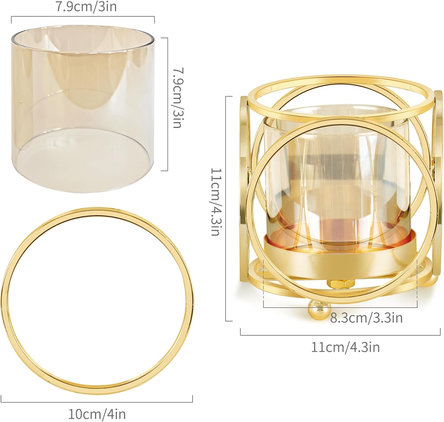 Gold Hurricane Candle Holder with Metal Frame & Windproof Glass Lid, Geometric Cutouts for Weddings, Parties, Home Decor