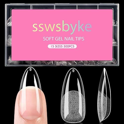 Medium Almond Nail Tips, SSWSBYKE 300pcs Soft Gel Nail Tips for Full Cover Pre-Shaped Acrylic Fake Nails Tips 15 Sizes Half Matte Press On Nails for Extension Home DIY Salon - Medium Almond