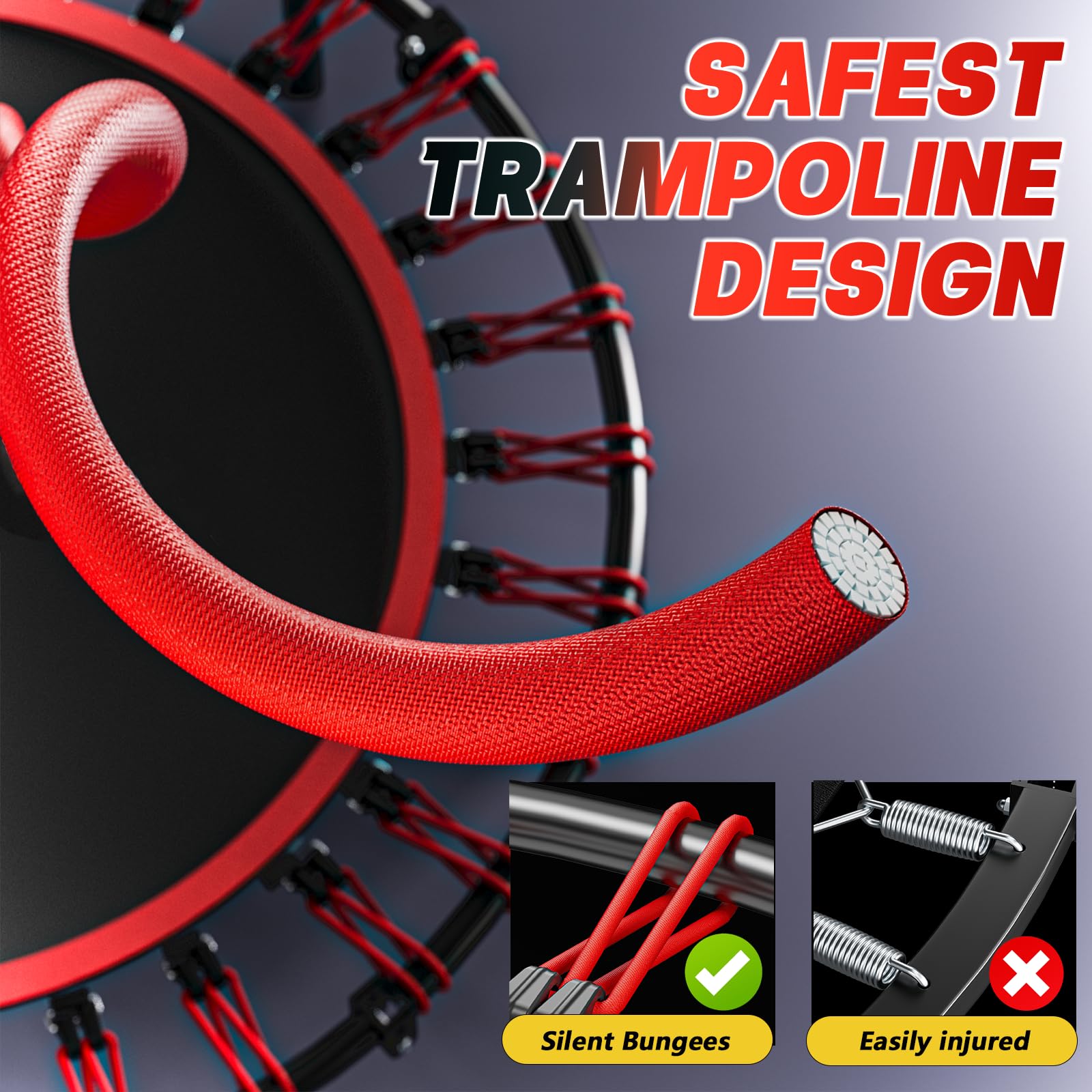 Trampolina fitness, składana, 101 cm, z uchwytem mocującym, mini trampolina z 30 linami bungee, cicha i przyjazna dla stawów, uchwyt N z regulacją wysokości, 6 nóg – trampolina do domu i cardio