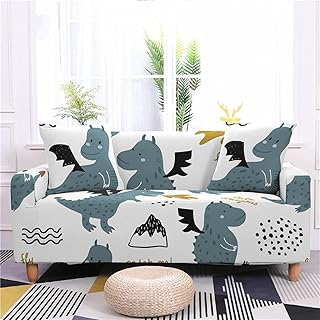 Pokrowce na sofę, 4-osobowe, białe pokrowce na sofę, z motywem kreskówkowym, wysoce rozciągliwe pokrowce na kanapy, spandeks, pokrowce na sofy, do salonu, ochraniacz na meble dla psa z antypoślizgowym elastycznym spodem (236-299 cm)