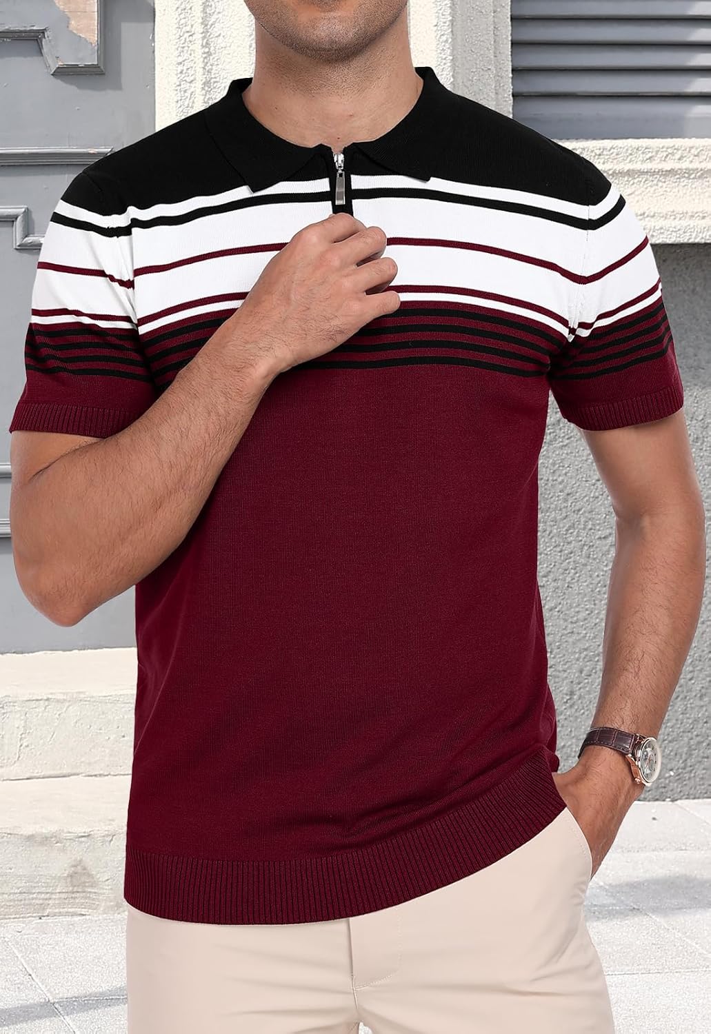 KUYIGO Men's Knit Polo Shirts Short Sleeve Striped Golf Polo Shirts Lightweight Casual Collared T Shirt - Image 3