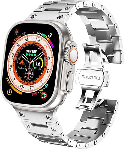 Miniatura 4 de WINGLE Correa de acero inoxidable para Apple Watch Ultra 2 de 1.929 in, 1.772 in, 1.732 in, 1.654 in, serie 9, 8, 7, SE para hombres, correas de