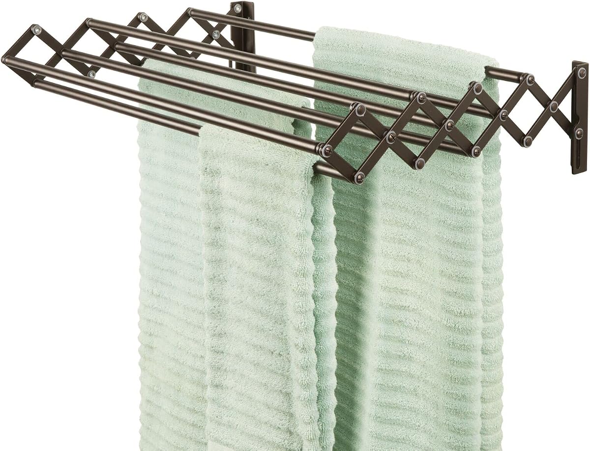 Acordeón de montaje en pared de acero Retráctil para secar ropa - 8 barras para colgar prendas - Organizador montado para lavandería/lavadero, baño, garaje, colección de bardo, bronce