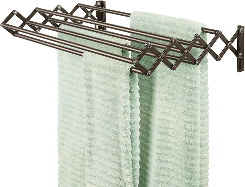 Steel Wall Mount Accordion Expandable Retractable Clothes Air Drying Rack - 8 Bars for Hanging Garments - Mounted Organizer for Laundry/Utility Room, Bathroom, Garage, Bardo Collection, Bronze