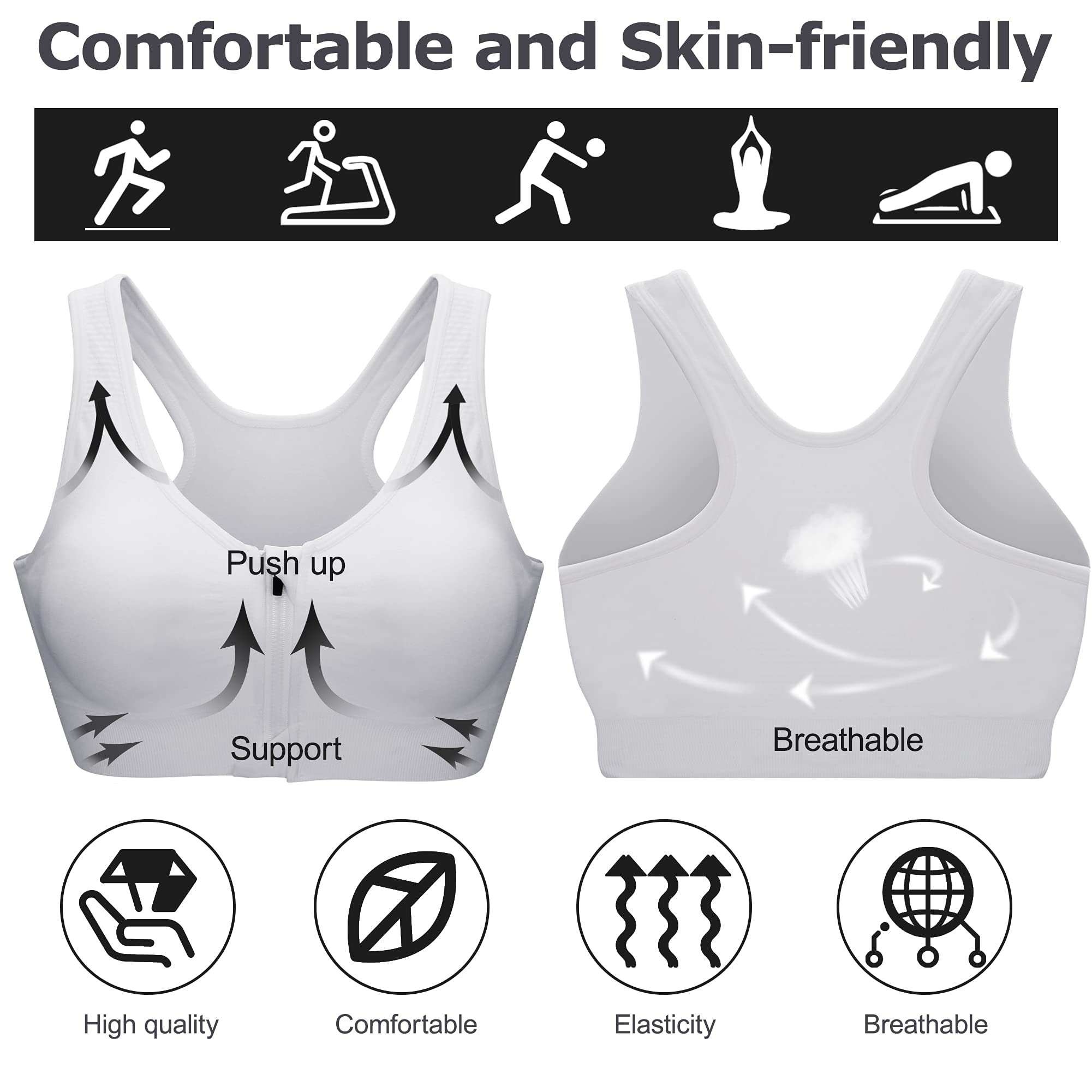 Zoerea Sportowy biustonosz damski Push Up Zip Front Impact Yoga Bra