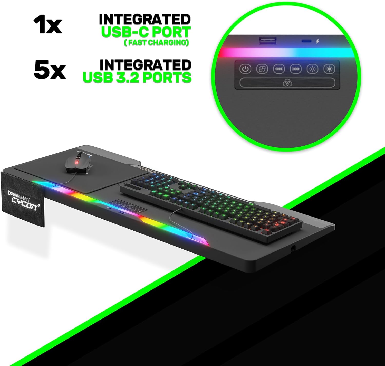 Couchmaster Lapboard³ with HORIZONLIGHT RGB Bar, Ultimate Ergonomic USB-Hub Gaming Lap Board for Couch and Bed, Large, Stable and Compatible with All Keyboards and Mice, Laptops, PCs, PS4/5, Xbox