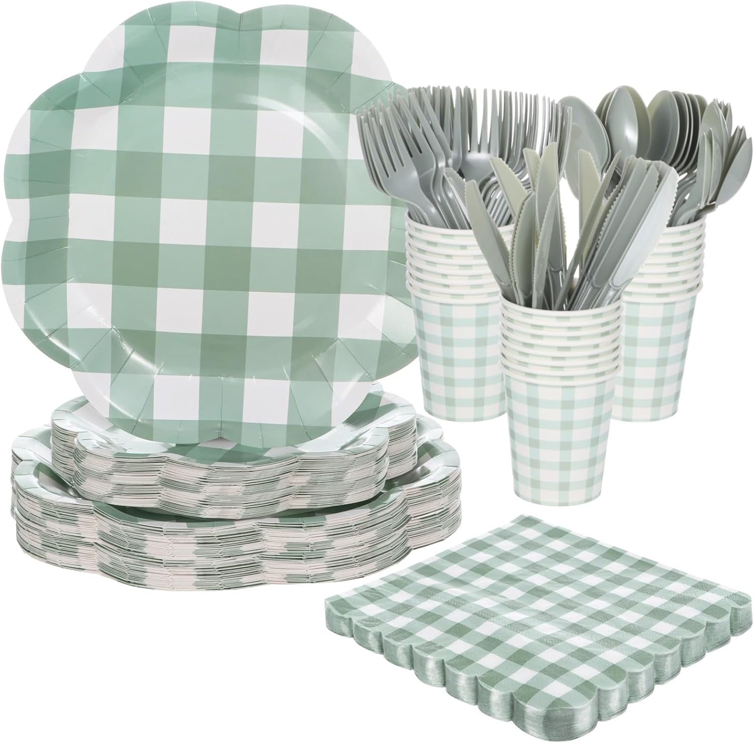 350 Pcs Sage Green Gingham Party Supplies, Disposable Party Tableware Set for 50 Guests, Includes 9.1 in and 6.7 in Paper Plates, Cups, Napkins, Cutlery, Scalloped Edge, for Showers, Picnics