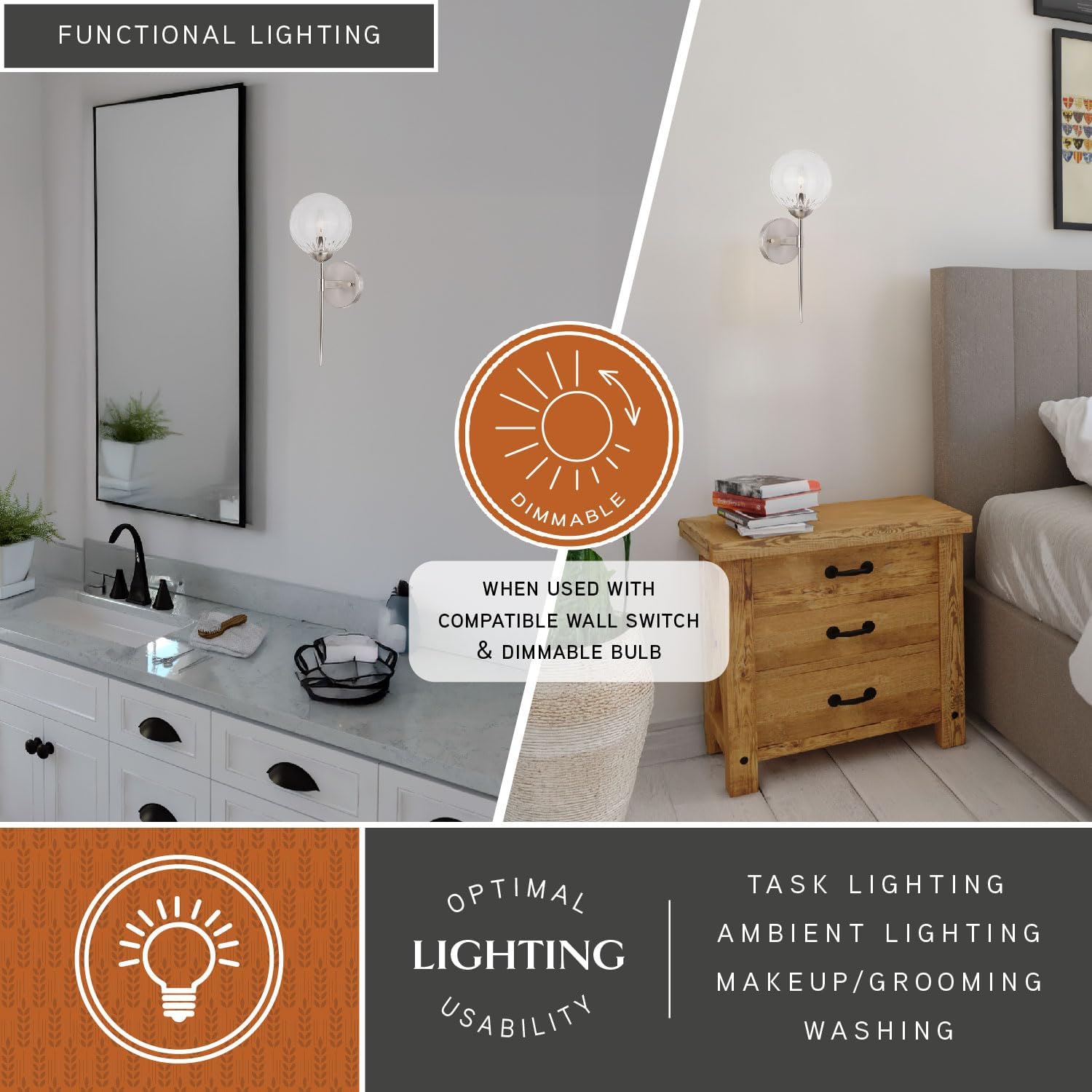 VAXCEL Olson 1 Light Satin Nickel Mid-Century Modern Wall Sconce Clear Glass Globe