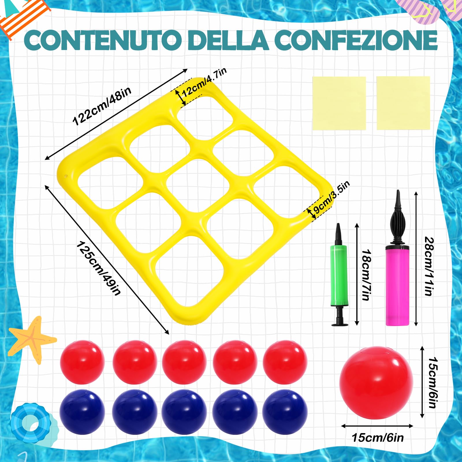 CYFIE Giocattolo per Piscina Tic Tac Toe, Gonfiabile, 3 x 3, con 10 Palline e 2 Pompe, Giocattolo per Adulti, Accessori per Piscina, Divertimento per Piscina, Spiaggia e Giardino, Giocattolo