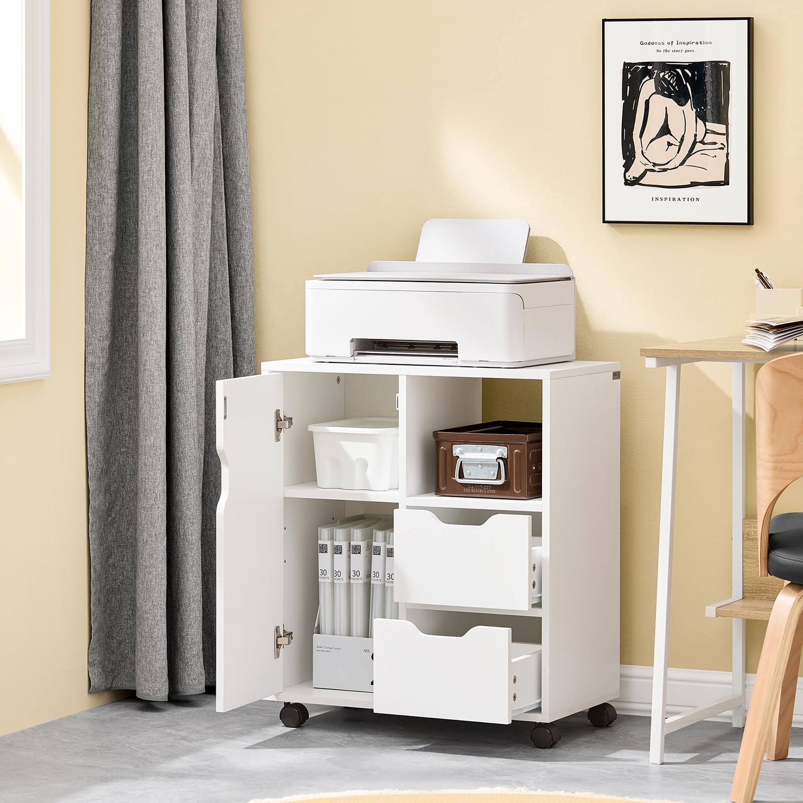 SoBuy Cassettiera da Scrivania Ufficio su Ruote Cassettiera Ufficio con 2 Cassetti, 1 Anta e 1 Ripiano Aperto Carrello Tavolino Comodino Piccolo Comodino Bianco L60xP35xA70cm FBT105-W