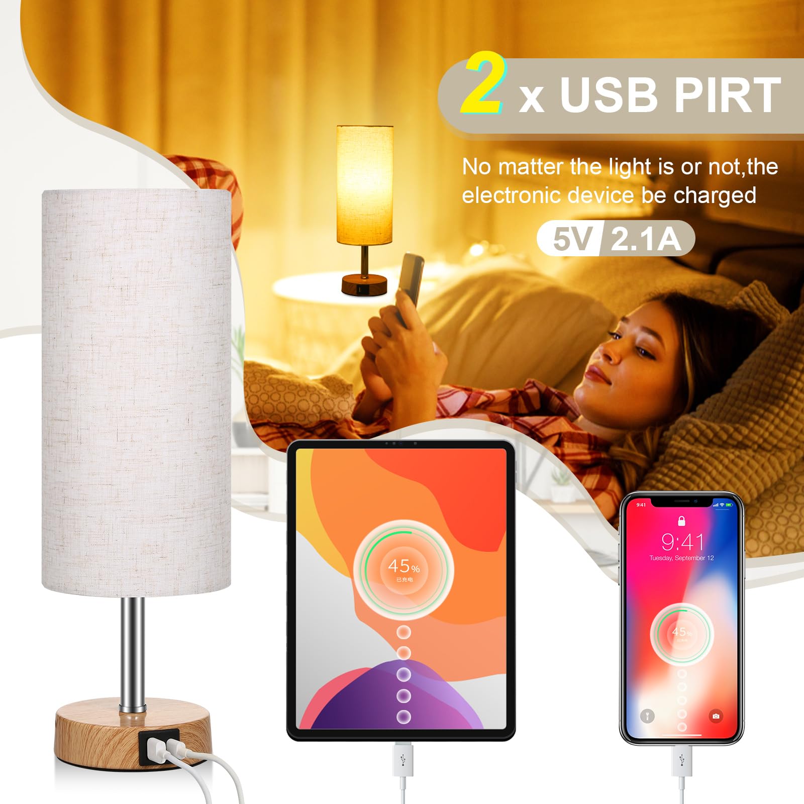Neoglint Abat Jour da Comodino Coppia, Lampada Touch da Comodino Dimmerabile con 4 Porte di Ricarica USB,Paralume in Tessuto Bianco, Attacco E27, Include 2 Lampadine Bianco Caldo (3000K)