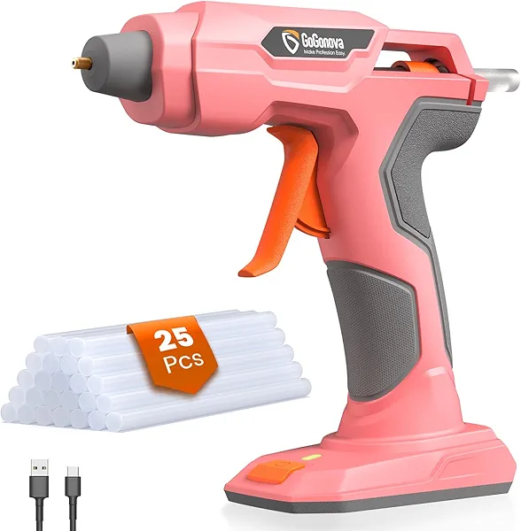 GoGonova Glue Gun, 20s Fast Preheating Anti-drip Cordless Glue Gun, 2Ah USB-C Rechargeable Hot Glue Gun with 25 Pcs Mini Glue Sticks Set, Smart Power-Off (Pink-25)