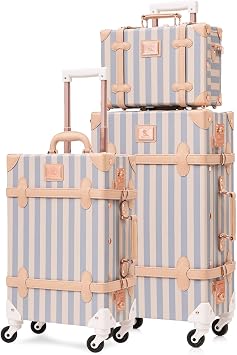 UNIWALKER Vintage Suitcase Set, 3 Piece Retro Spinner Trunk, TSA-Approved Travel Luggage with Cosmetic Train Case for Women, Blue Strip, 26"+20"+12"