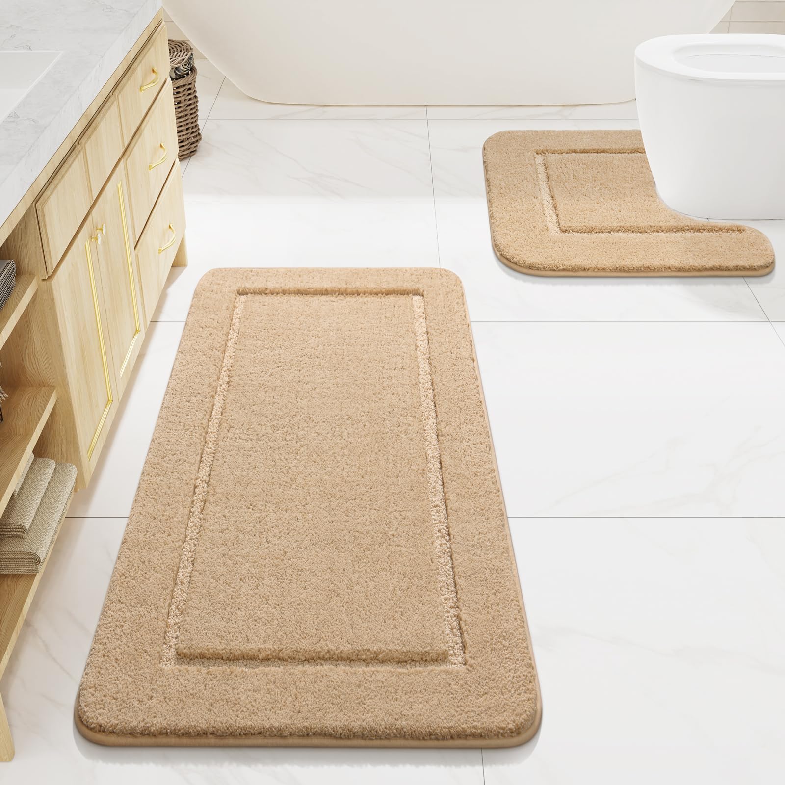 LOCHAS Bathroom Rug Set Beige, Soft Bath Rug Set 2 Piece, Toilet Mat U-Shaped 20x20 and 24x48 Bath Rugs, Quickly Dry Mats for Bathroom, Tub, Washable,
