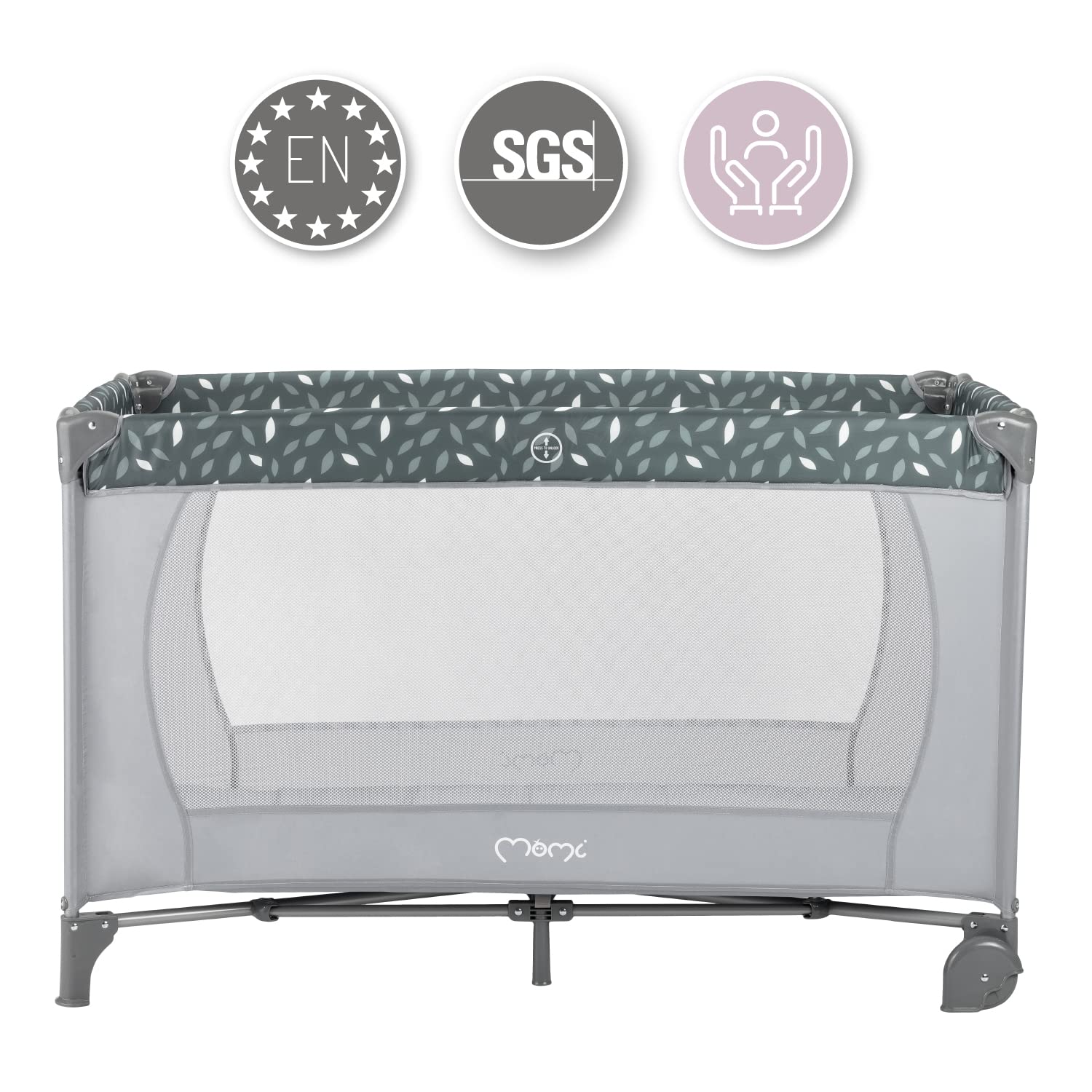 Momi Lit de Voyage BELOVE, pour Les Enfants Jusqu’à 15 kg de Poids corporel, Largeur 65 x Longueur 125 x Hauteur 78 cm (plié 21 x 23 x 80 cm), lit de Voyage pour Enfants avec Matelas, 2 Roues