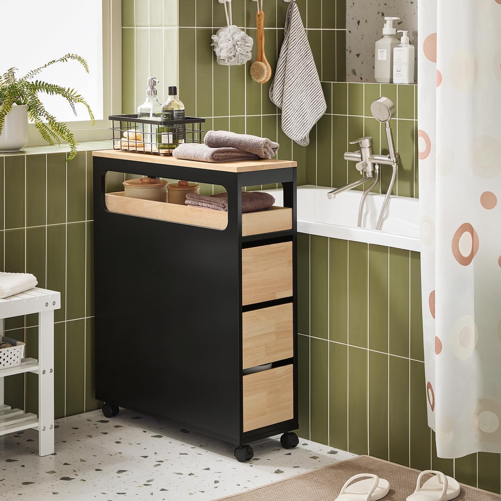 SoBuy Szafka łazienkowa na kółkach, wąska szafka łazienkowa z 3 szufladami – kompaktowa komoda z drewna, ruchoma szafka wnękowa do małych łazienek, WC i kuchni, czarna, 65 x 24 x 82 cm, BZR54-SCH