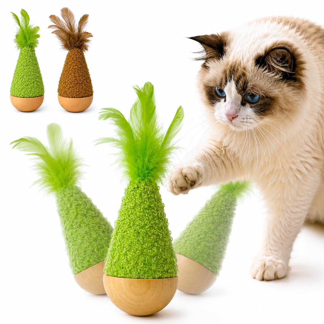 2-Pack Interactive Self-Righting Wobble Cat Toy with Feather, Fluffy Plush Wooden Tumbler…