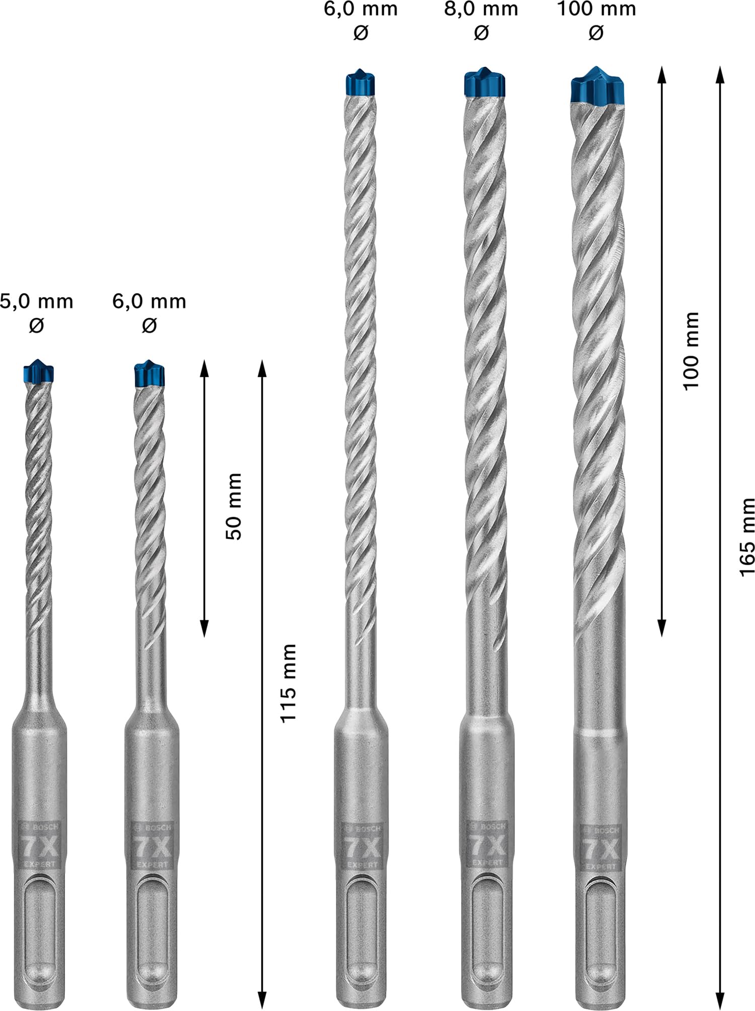 Bosch Accessories 5x Set di Punte per Martelli Expert SDS plus-7X per Calcestruzzo Armato, Ø 5-10 mm, Accessorio Martello Perforatore