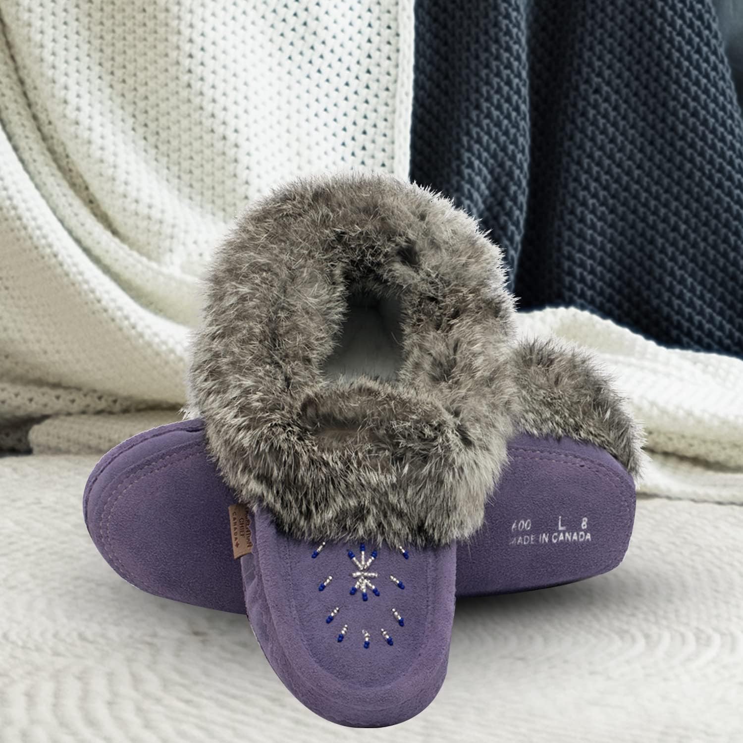 Laurentian Chief Moccasin Slippers for Women – Ladies Comfortable Slippers with Real Rabbit Fur Trim and Soft Faux Lining – Canada Quality Beaded Style Warmie Shoes for House Indoor