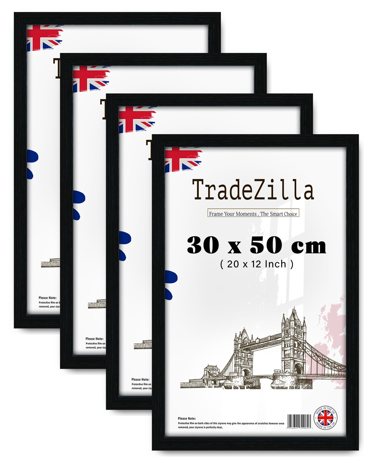 TradeZilla pack of 4 MDF Picture Frame (30 x 50 CM) Ideal for Wall Décor, Artwork & Certificate Display, Premium MDF Wood, Hanging Hooks for Easy Installation [ Black ]