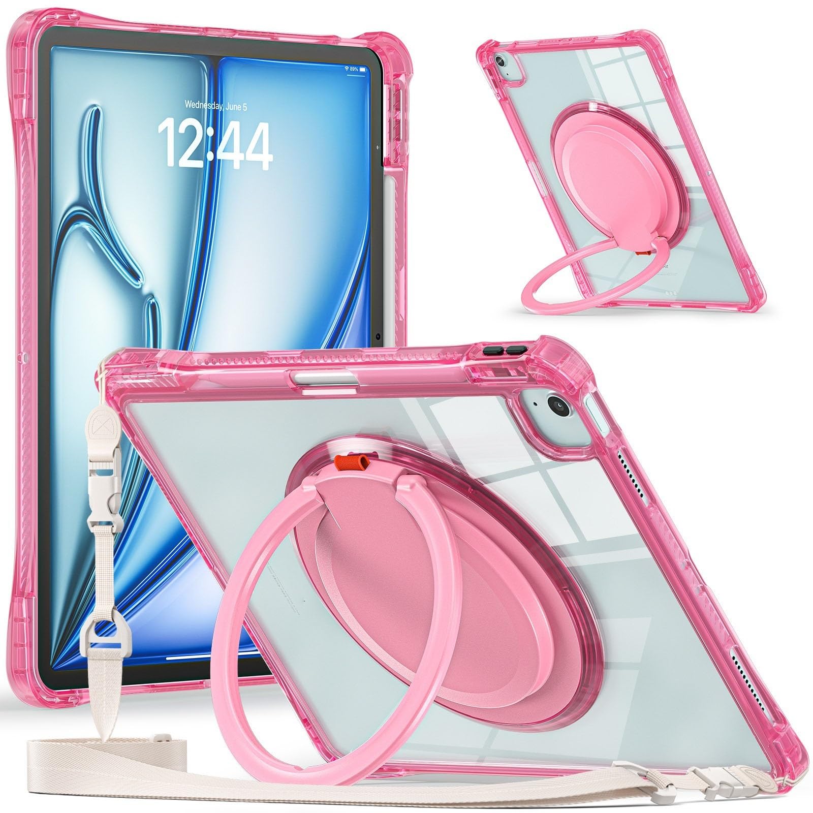 Etui ochronne odporne na wstrząsy kompatybilne z iPad Air 13 (M2) 2024/ Pro 12.9 2022/2021/2020/2018 uchwytem długopis, solidna podstawka, pasek ramię TPU Przezroczysta tylna obudowa tablet(Pembe)