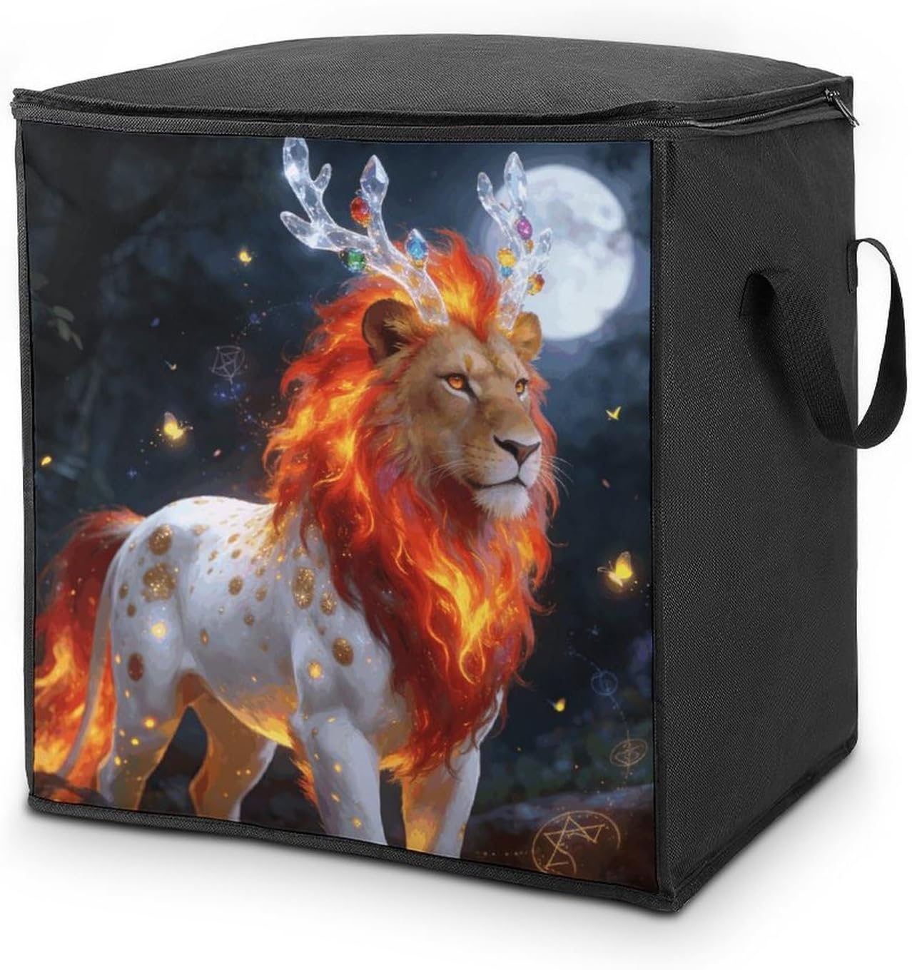 Crystal Horn Flame Lion Storage Bag Portable Closet Organizer Storage Bags Quilt Storage Bags with Zippered Breathable Storage Bag with Carry Handles for Blanket Pillow Bedding